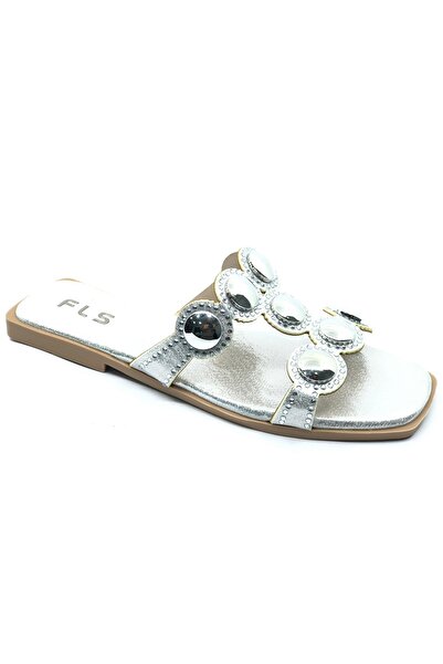 KOCAMANLAR Feles Thin Sole Stone Detailed Women's Slippers Silver