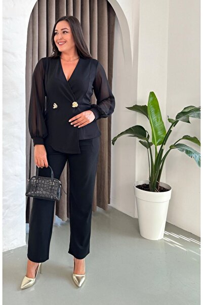 Butik Nilyam Γυναικείο Σετ Παντελόνι Μπλούζας Μεγάλου Μεγέθους διπλό πέτο με λαιμόκοψη σιφόν με διπλή λεπτομέρεια με καρφίτσα 24927