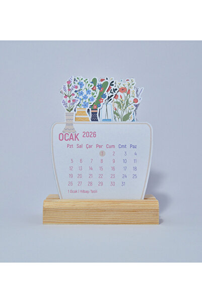 Özgür Çiçekli Masa Takvimi, Ahşap Standlı 2026 Yılı Masaüstü Mini Takvim 9x11 cm
