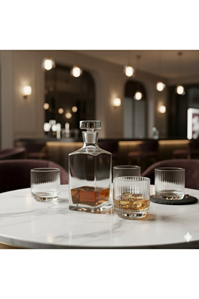 Paşabahçe Prisma Viski Şişesi (800cc) ve 4 Adet NudeGlass Bigtop Viski Bardağı (270cc) Seti
