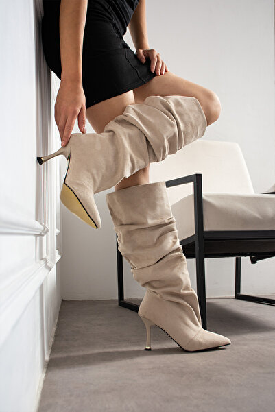 BERFONA Cizme VENEZIA BEIGE ALBASTRU din piele de vacă, cu talpă extra lată, cu burduf, cu toc subțire