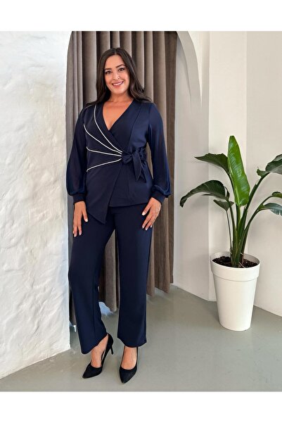 Butik Nilyam Γυναικείο Σετ Μπλούζα Παντελόνι Μεγάλο Μέγεθος διπλό πέτο Πέτο Σιφόν Μανίκια Πέτρα ριγέ 24922