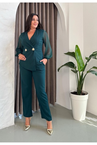 Butik Nilyam Women's Plus Size Double Breasted Collar Chiffon Sleeve Double Brooch Detail Stretchy Evening Dress Set 24926