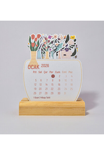 Özgür Çiçekli Masaüstü Takvimi, Ahşap Standlı 2026 Yılı Takvim 9x11 cm