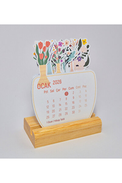 Özgür Çiçekli Masaüstü Takvimi, Ahşap Standlı 2026 Yılı Takvim 9x11 cm