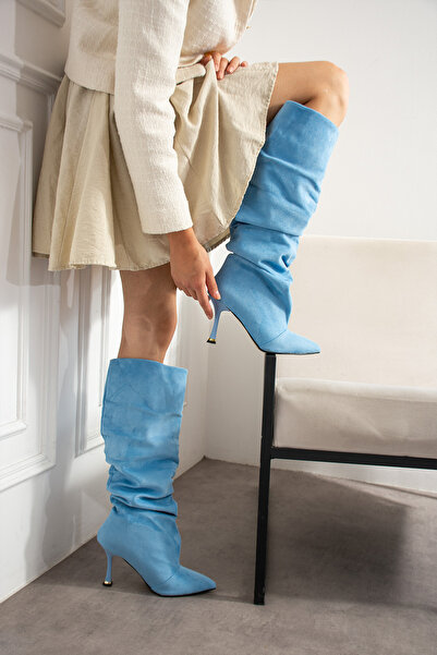 irmona VENEDİK MAVİ DANA SÜET EKSTRA GENİŞ KONÇ KÖRÜKLÜ İNCE ÖKÇE ÇİZME