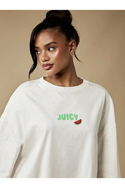 Kaptins Women's White T-Shirt I Watermelon Patterned Comfortable Loose Fit T-Shirt