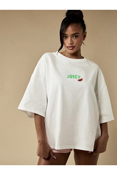 Kaptins Women's White T-Shirt I Watermelon Patterned Comfortable Loose Fit T-Shirt