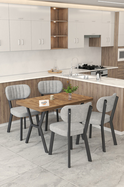 Mygusi Gnr 70x110cm Sabit Atlantik Mutfak Masası Takımı, Yemek Masası, 4 Modern Gri Sandalye