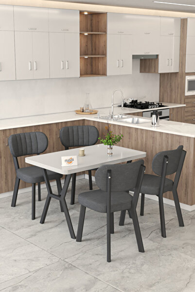 Mygusi Gnr 70x110cm Sabit Beyaz Mutfak Masası Takımı, Yemek Masası, 4 Modern Antrasit Sandalye