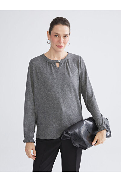 LC Waikiki Anthracite Crew Neck Ruffled Blouse