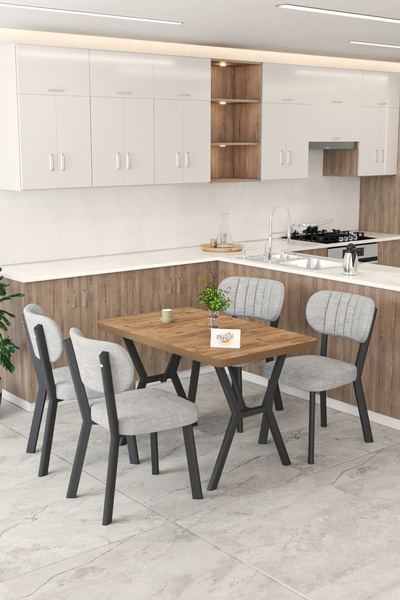 Mygusi Gnr 70x110cm Sabit Atlantik Mutfak Masası Takımı, Yemek Masası, 4 Modern Gri Sandalye