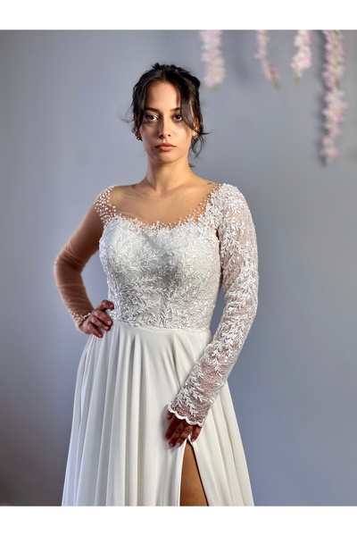 MEDUSA Sylva İşlemeli Şifon Dökümlü Sırt Dekolteli Helen Gelinlik