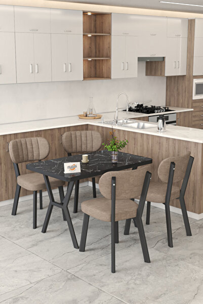 Mygusi Gnr 70x110cm Sabit Siyah Mutfak Masası Takımı, Yemek Masası, 4 Modern ...