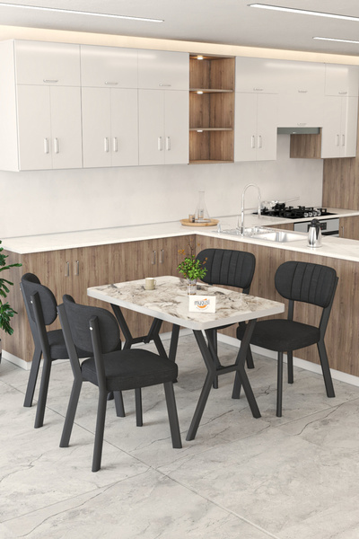 Mygusi Gnr 70x110cm Sabit Efes Mutfak Masası Takımı, Yemek Masası, 4 Modern Siyah Sandalye