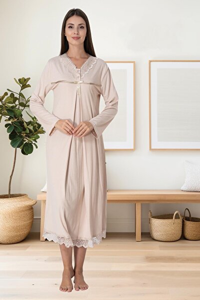 Lohussa Γυναικείο νυχτικό εγκυμοσύνης με μακρυμάνικο βαμβακερό ειδικό σχέδιο με δαντέλα σε καφέ γαλακτώδη χρώμα