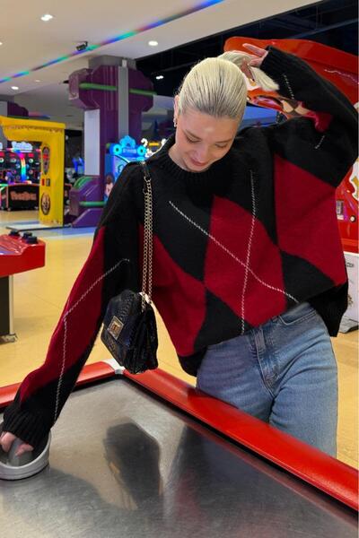 ELBA STİL Black Crew Neck Geometric Pattern Women's Sweater