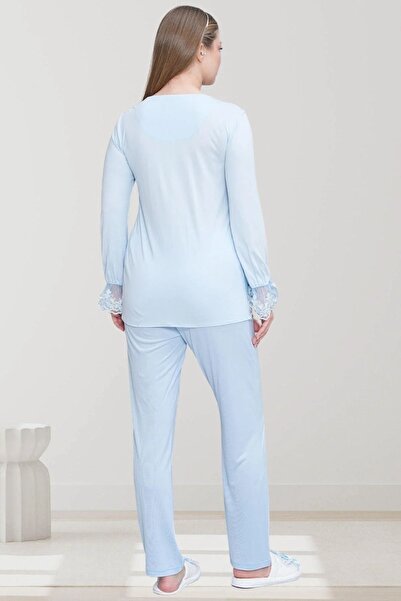 Viselya Mavi Dantelli Hamile Lohusa Pijama Takımı