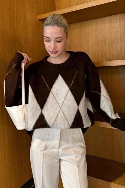 ELBA STİL Brown Crew Neck Geometric Pattern Women's Sweater