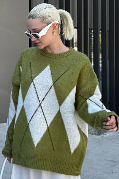 ELBA STİL Green Crew Neck Geometric Pattern Women's Sweater