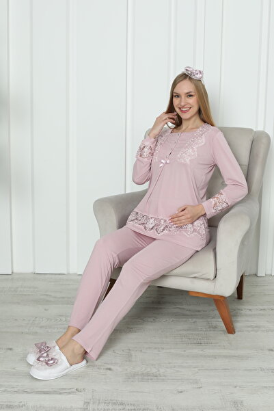Lohussa Kadın Pudra Özel Tasarım Düğmeli Dantelli Uzun Kol Pamuk Hamile Lohusa Pijama Takımı