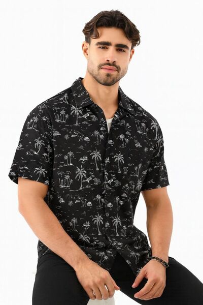 STITCH by MH Men's Black Tropical Print Short Sleeve Cotton Shirt