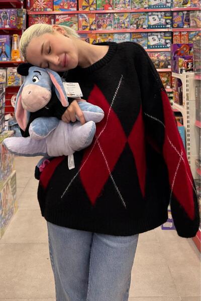 ELBA STİL Black Crew Neck Geometric Pattern Women's Sweater