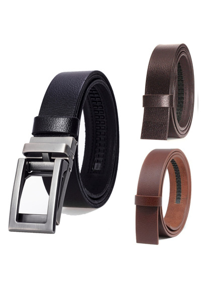derikem Bison Leather Automatic Buckle Holeless Men's Belt - Automatic Belt