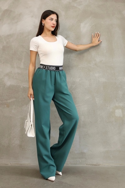 lodmela Elastic Waist Palazzo Pants 6138-Petrol Green