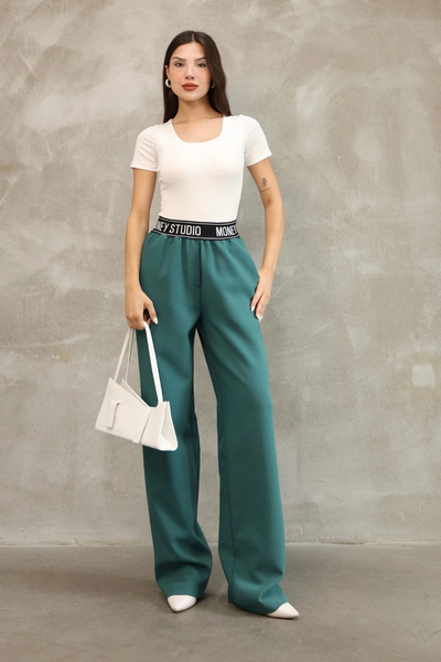 lodmela Elastic Waist Palazzo Pants 6138-Petrol Green
