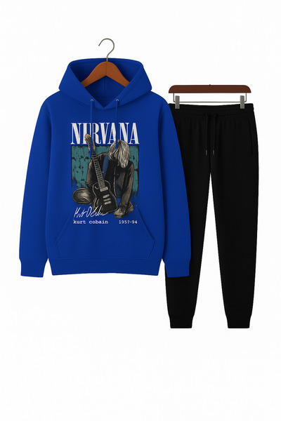 CLASSY.MODA طقم رياضي للجنسين |   سترة نيرفانا كورت كوبين مطبوعة ذات غطاء للرأس وجزء سفلي علوي كبير الحجم بأسلوب مريح