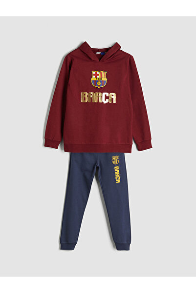 LC Waikiki LCW ECO Bordo Kapüşonlu Barcelona Baskılı Erkek Çocuk Eşofman Takımı
