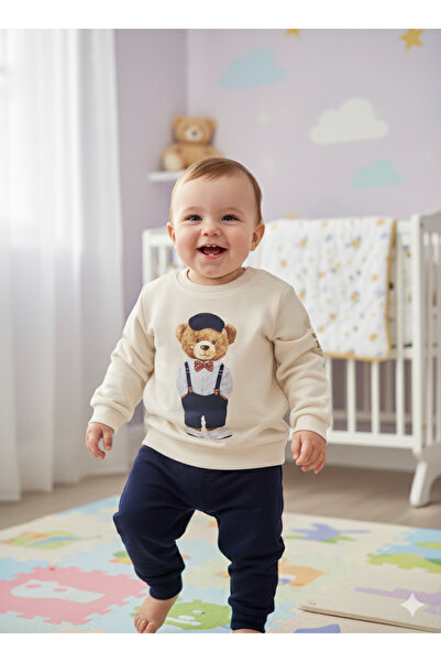 Lindakids Sevimli Ayıcık Desenli Omuzdan Çıtçıtlı Mevsimlik % 100 Organik Pam...