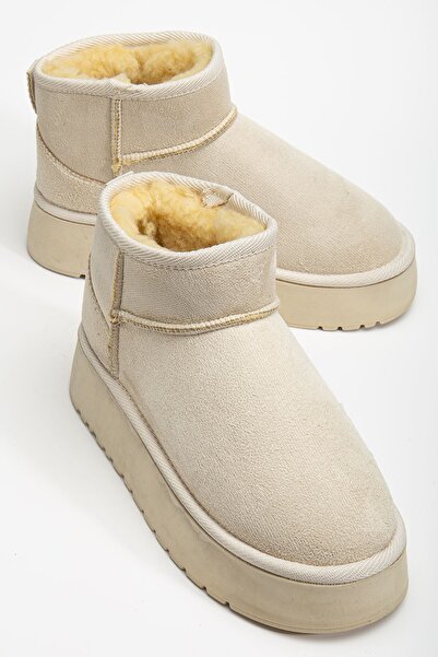 Shemard Mini Bej Süet Yarım Bot içi Tüylü Düz Taban Kadın Ayakkabı