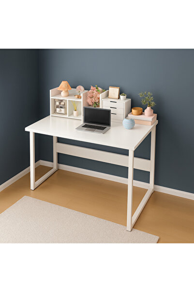 ROHS Birou de calculator HomeOFFICE cu raft, model scandinav, alb pur, picioare metalice, dimensiuni 120x45x72 cm