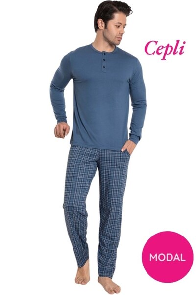 GUAVA+ Erkek 3 Düğmeli Ekose Desen Pamuk Likra Mevsimlik Modal Uzun Kol Manşetli Cepli Pijama Takımı