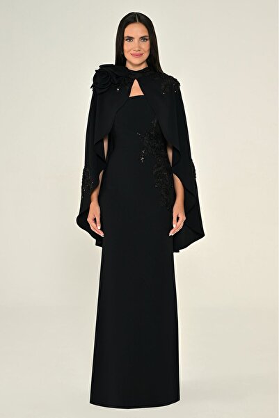 ALFABETA فستان فاخر مع كاب مزين بوردة كبيرة-الفابيتا