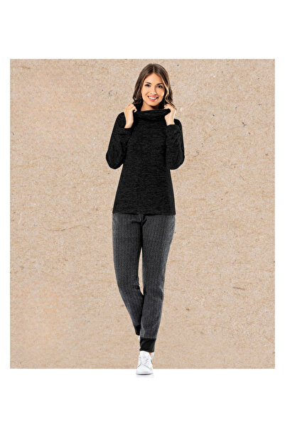 Miss Dünya Lissa Knitwear Collar Detailed Long Sleeve Top & Patterned Comfortable Pants Set