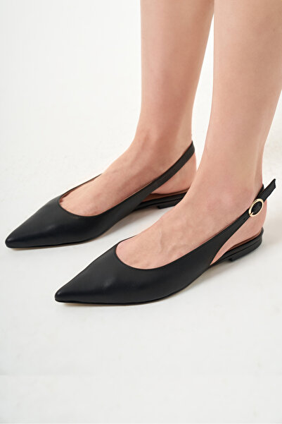 Mizalle Sivri Burunlu Arkası Açık Siyah Deri Babet