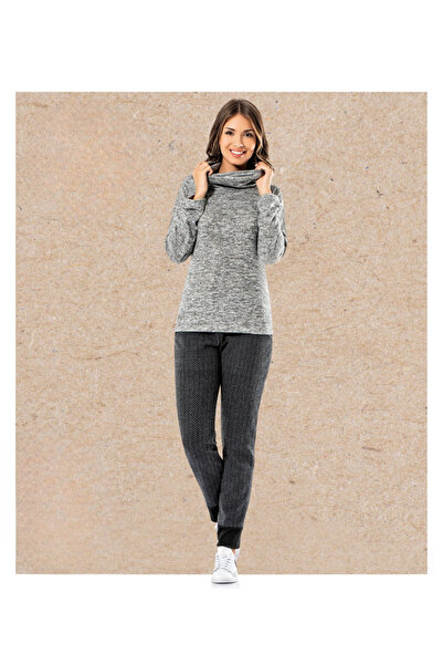 Miss Dünya Lissa Knitwear Collar Detailed Long Sleeve Top & Patterned Comfortable Pants Set