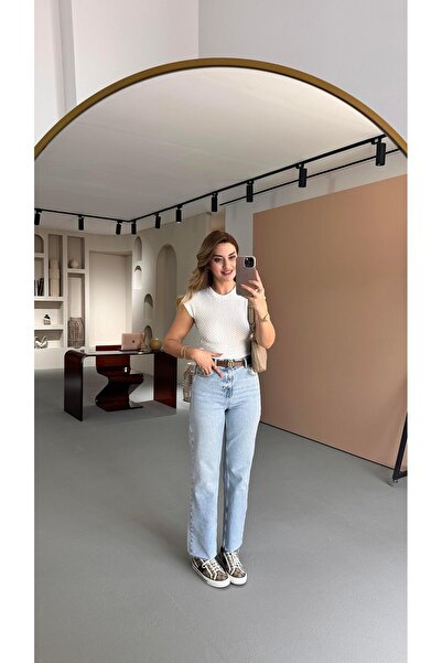 Sezgi Tekin Blugi Premium Seri Buz Mavi Pație Tăiată Boy Fit