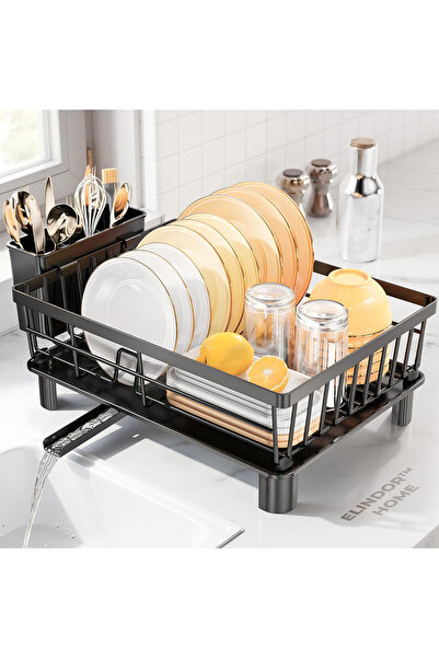 Elindor Suport pentru farfurii și scurgător de vase pentru chiuvetă, uscător încorporat, 38 x 29 x 15 cm, negru