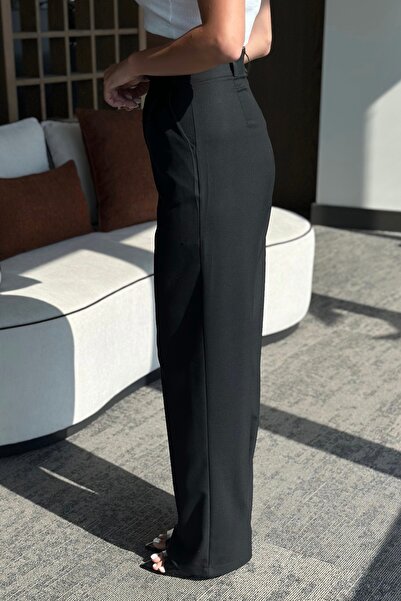 Laluvia Black Fabric Trousers with Cross Button Detail on the Front - 3442