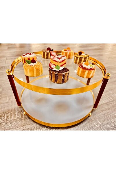 China Two-tier cake plate with a golden frame and wooden columns