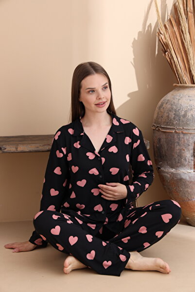 ELİTOL Kalp Desen Milan Örme Uzun Kol Anne-Kız Düğmeli Pijama Takımı