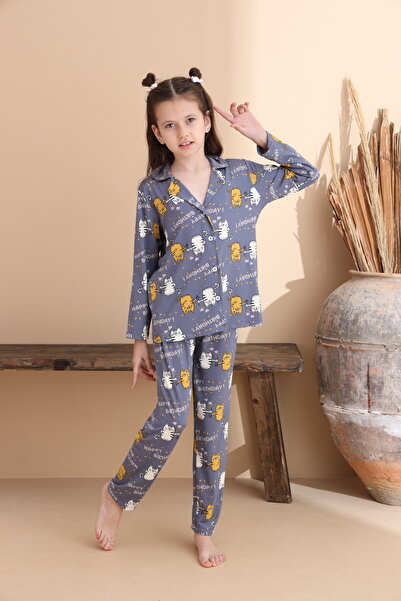 ELİTOL Cat Pattern Milan Knitted Long Sleeve Mother-Daughter Buttoned Pajama Set