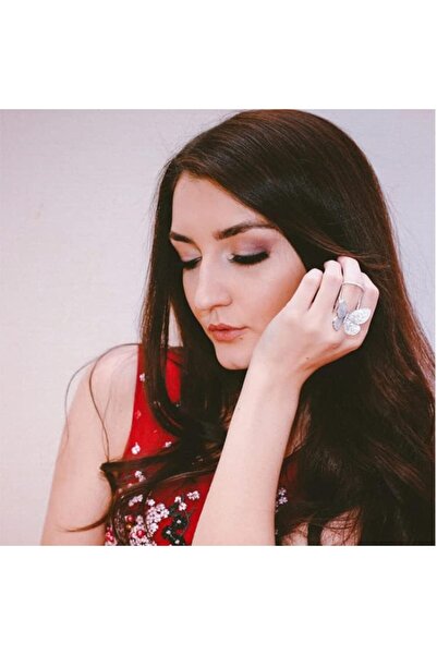 Generic خاتم أنيق على شكل فراشة قابل للتعديل مع مجوهرات نسائية من الماس - بلاتين - مقاس 7