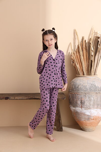 ELİTOL Big Dot Pattern Milan Knitted Long Sleeve Mother-Daughter Buttoned Pajamas Set