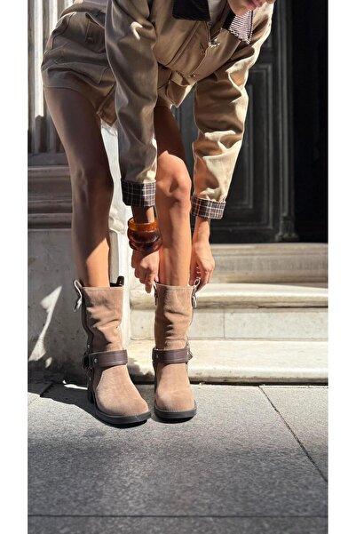 Eataly Shoes Kadın Hakiki Deri Binici Model Bot Vizon Kahve