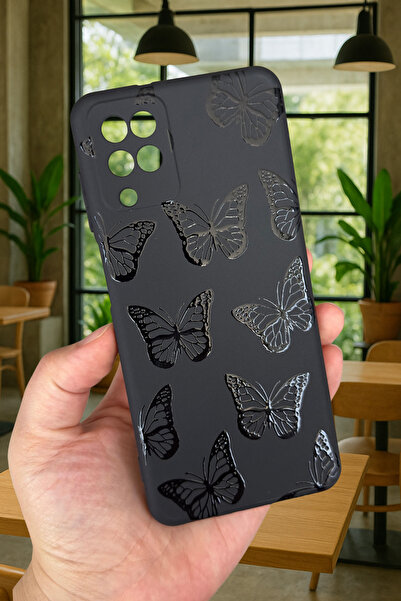 Vip Case Samsung Galaxy A12 Uyumlu Siyah Kelebek Desenli Silikon Darbe Emici Klasik Korumalı Rubber Kılıf